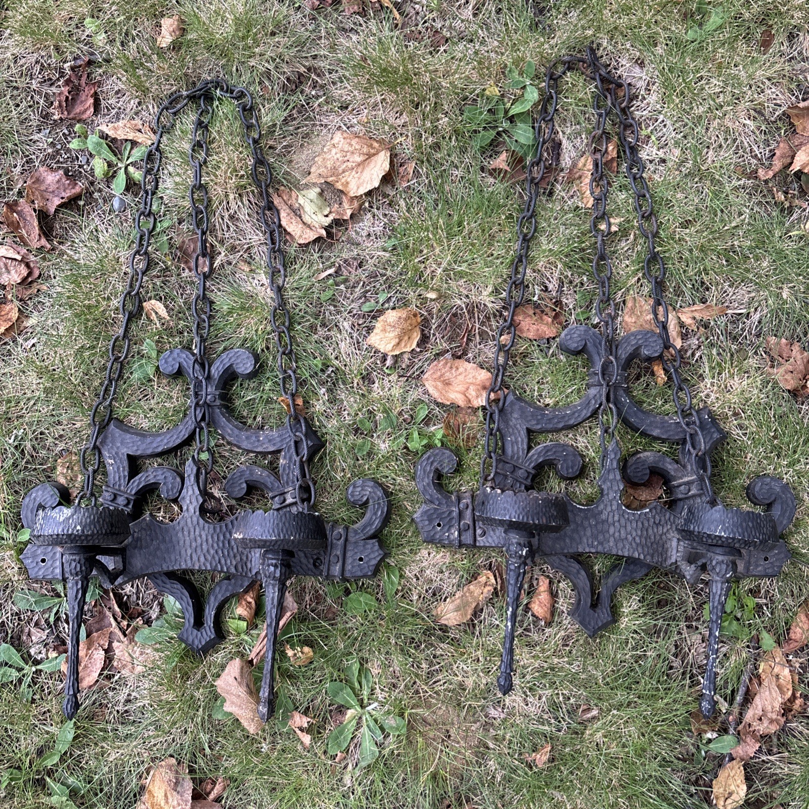 2- VTG 1969 Sexton Cast Iron Gothic Castle Dungeon Wall Sconces Chains Candle