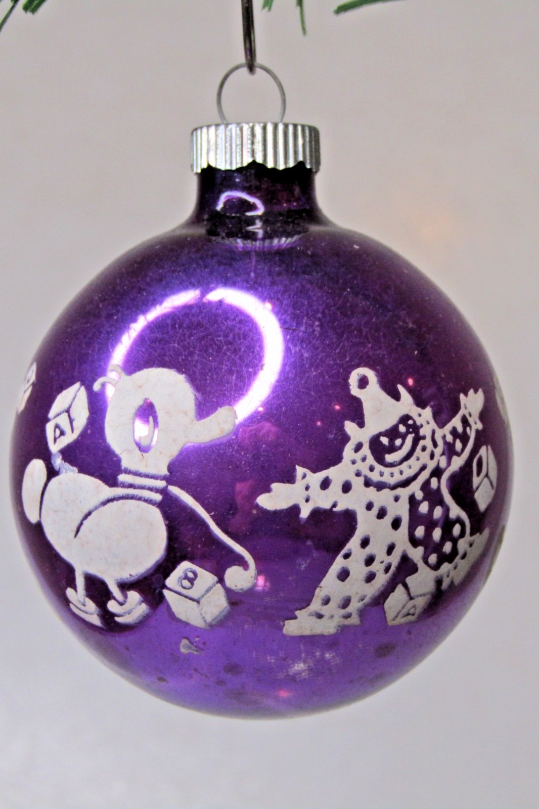 VTG 1960s Glass Pictured CLOWN DUCK TEDDY BALL Christmas Ornament Paragon PURPLE