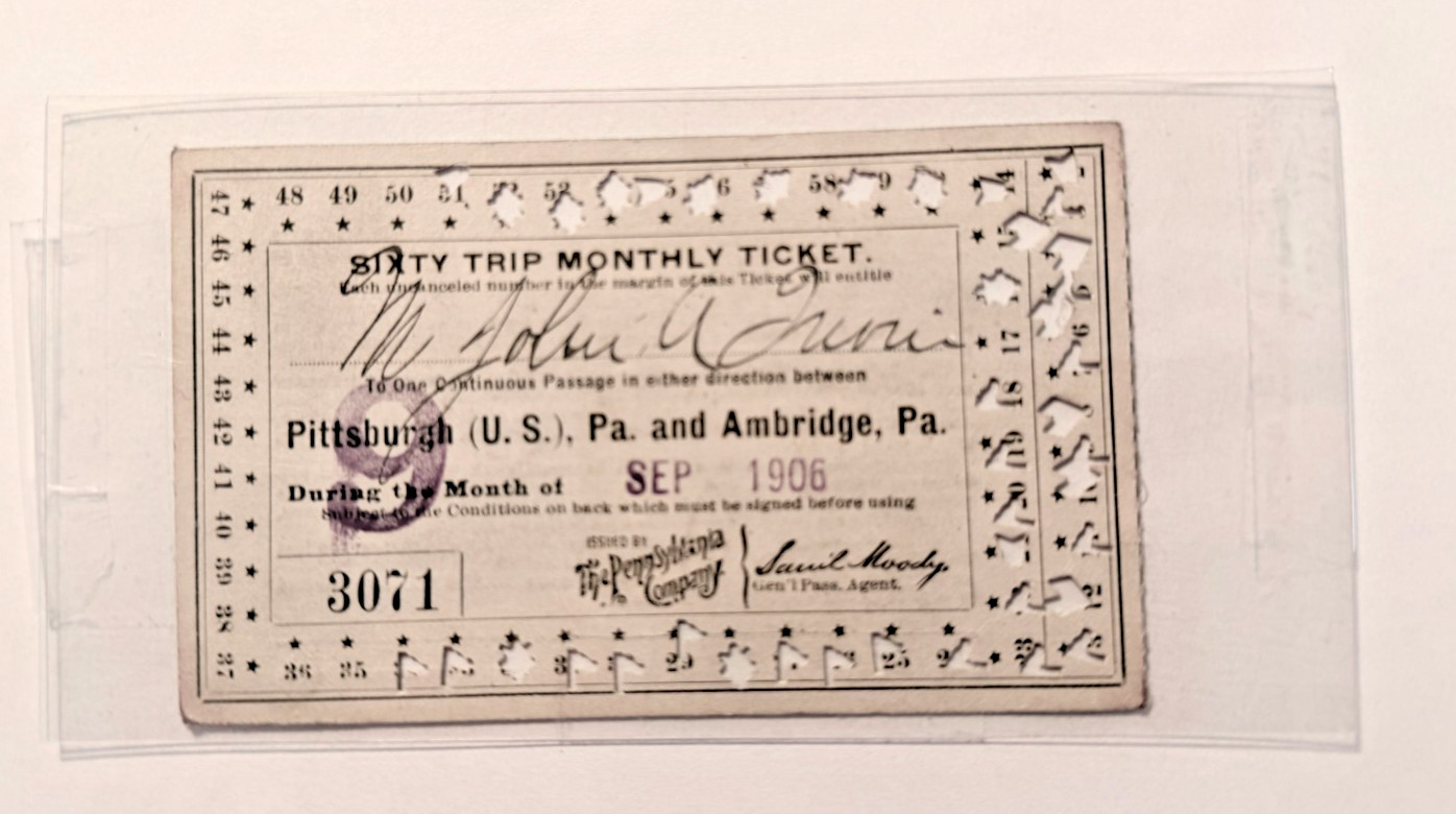 1906 Pennsylvania Company COMMUTATION 60 Monthly TICKET Pittsburgh & Ambridge /b