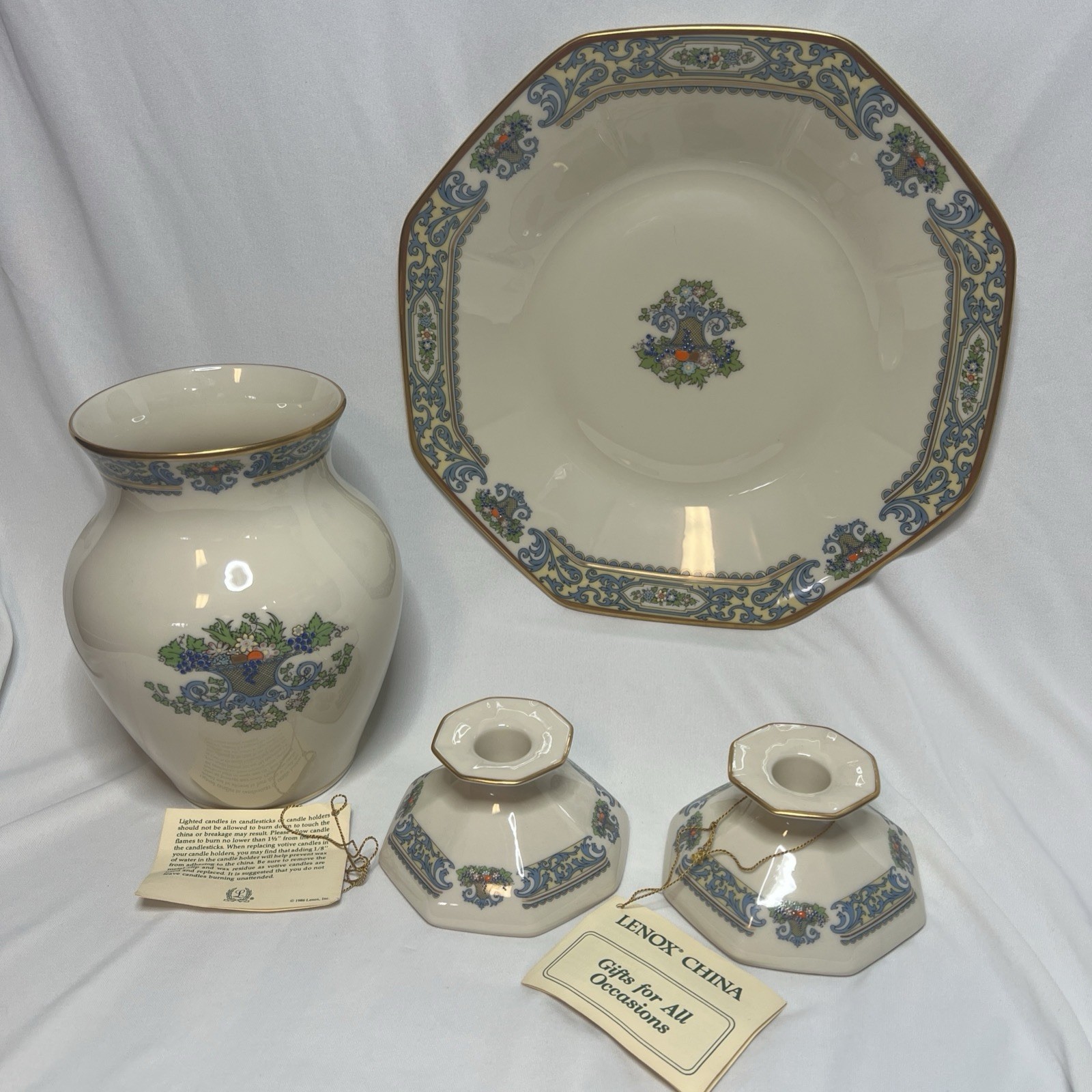 Lennox Autumn Octagonal Server Large Vase 24k Gold Trim 2 Candlestick Holders Lennox Autumn Octagonal Server Large Vase 24k Gold Trim 2 Candlestick Holders