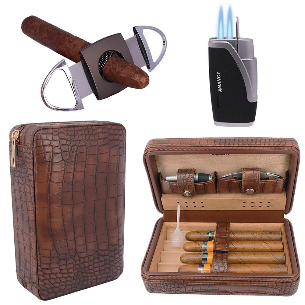 Premium Brown Leather Cigar Travel Case Humidor W/Luxury Cutter Lighter Set