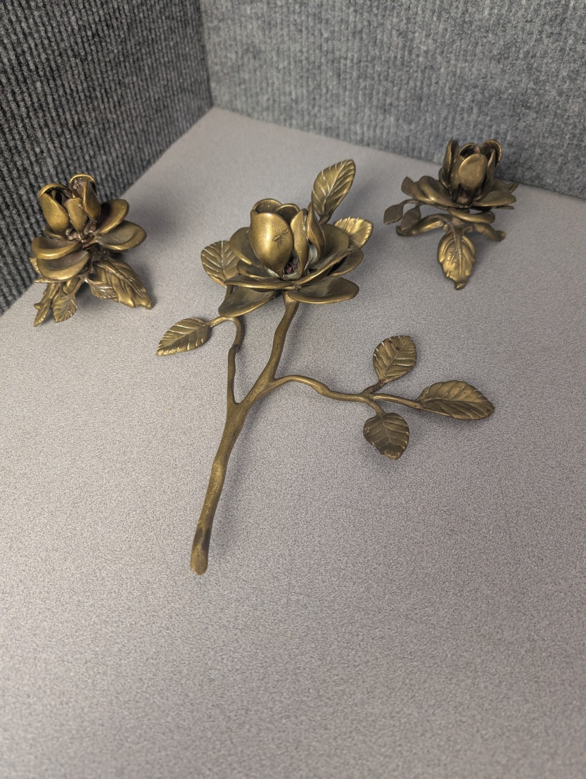 Vtg Solid Brass Rose Taper Candle Holder Set MCM Long Stem Floral Table Decor