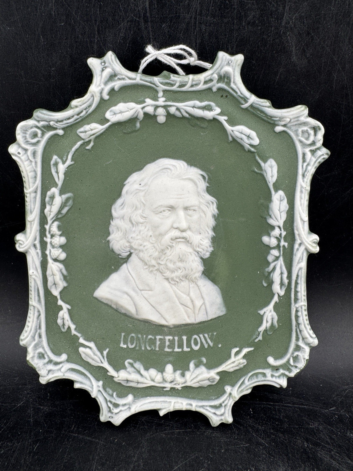 Antique German Bisque Jasperware Plaque Henry Wadsworth Longfellow Portrait Read