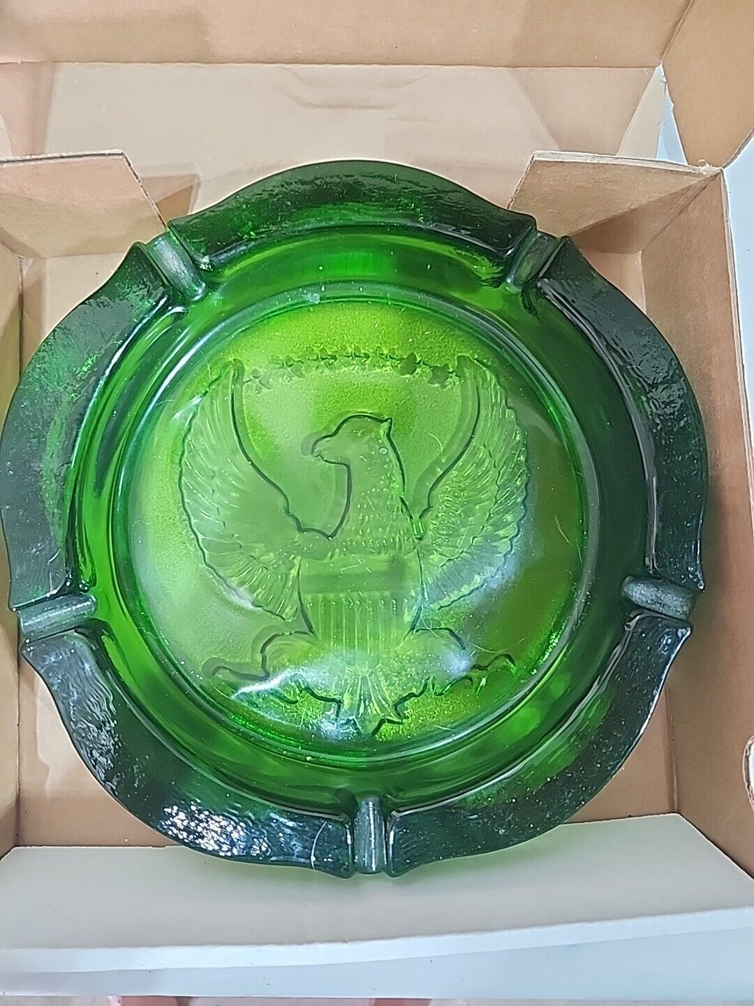 1950's Vintage 6lbs Tiara Indiana Glass Green Eagle Shield 7 Stars Ashtray