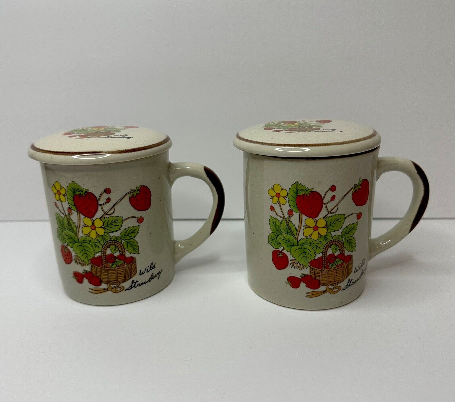 Wild Strawberry Vintage Stoneware Coffee Mugs With Lids - Set of 2 - 1970\'s