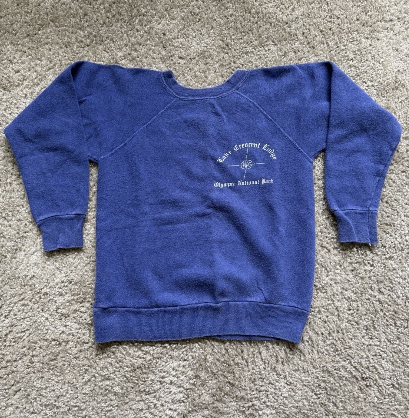 True Vtg 1960s Flocked Lake Crescent Lodge Olympic National Park Crew Neck 15x19