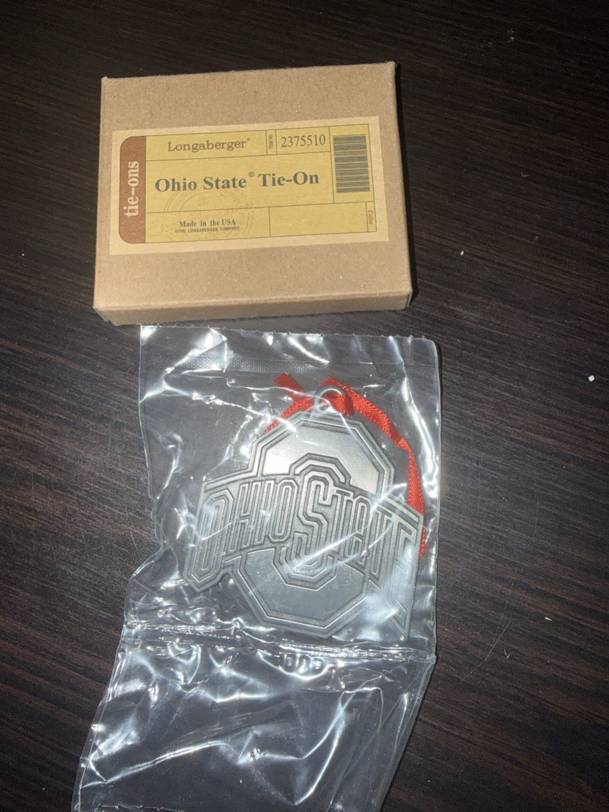 Longaberger Ohio State Tie-On Metal Ornament Silver/Red w/ Ribbon 2375510