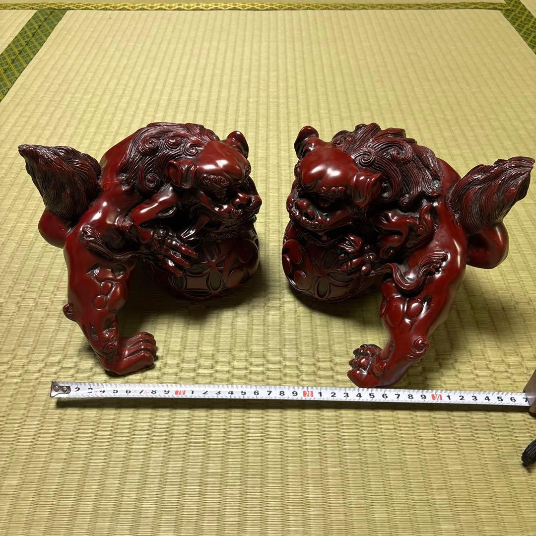 Chinese Shisa Pair Lucky Charm Guardian Dog Carved Wood Red Lacquer Statues