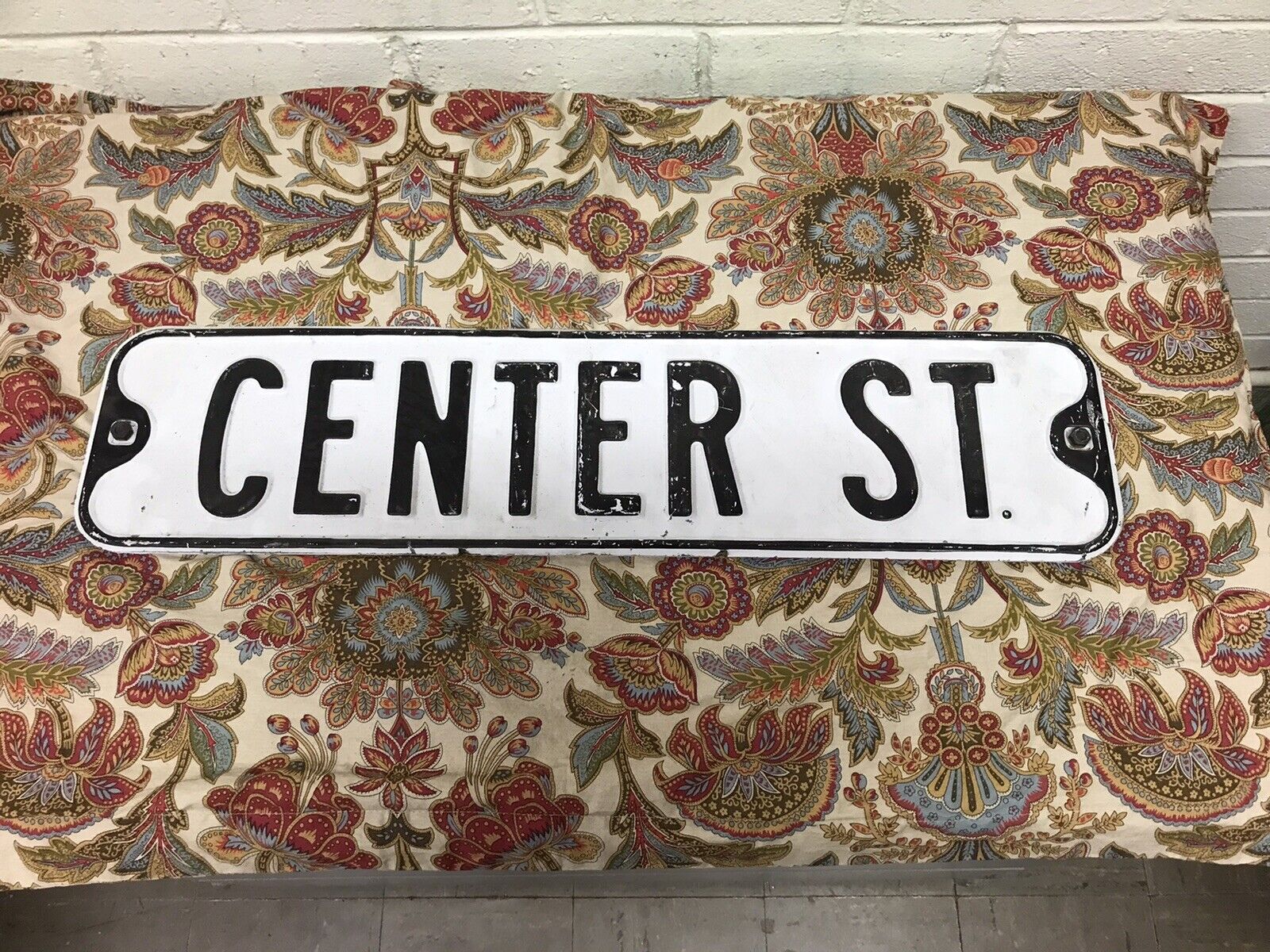 ANTIQUE VTG CENTER  ST DOUBLE WHITE WITH EMBOSSED BLACK LETTERS STREET SIGN 24X6