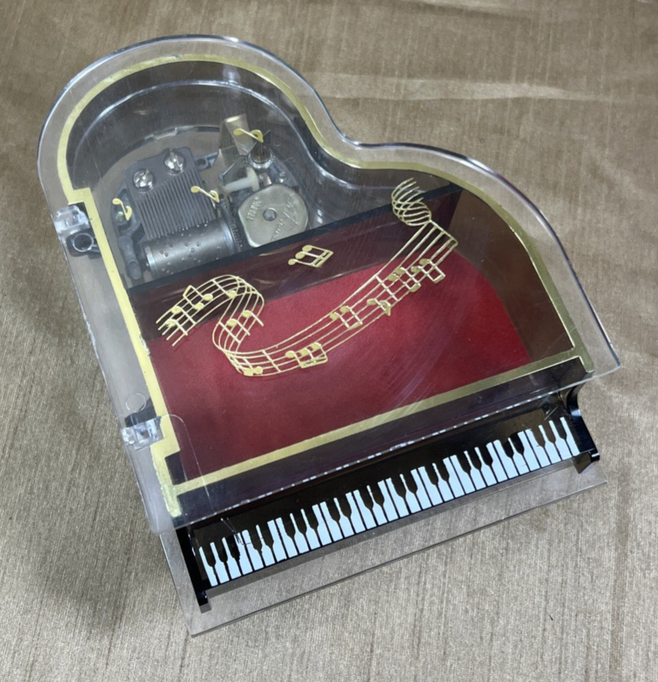 Vintage Clear Lucite Acrylic Grand Piano Music Box Wind Up Works Retro Brass Leg