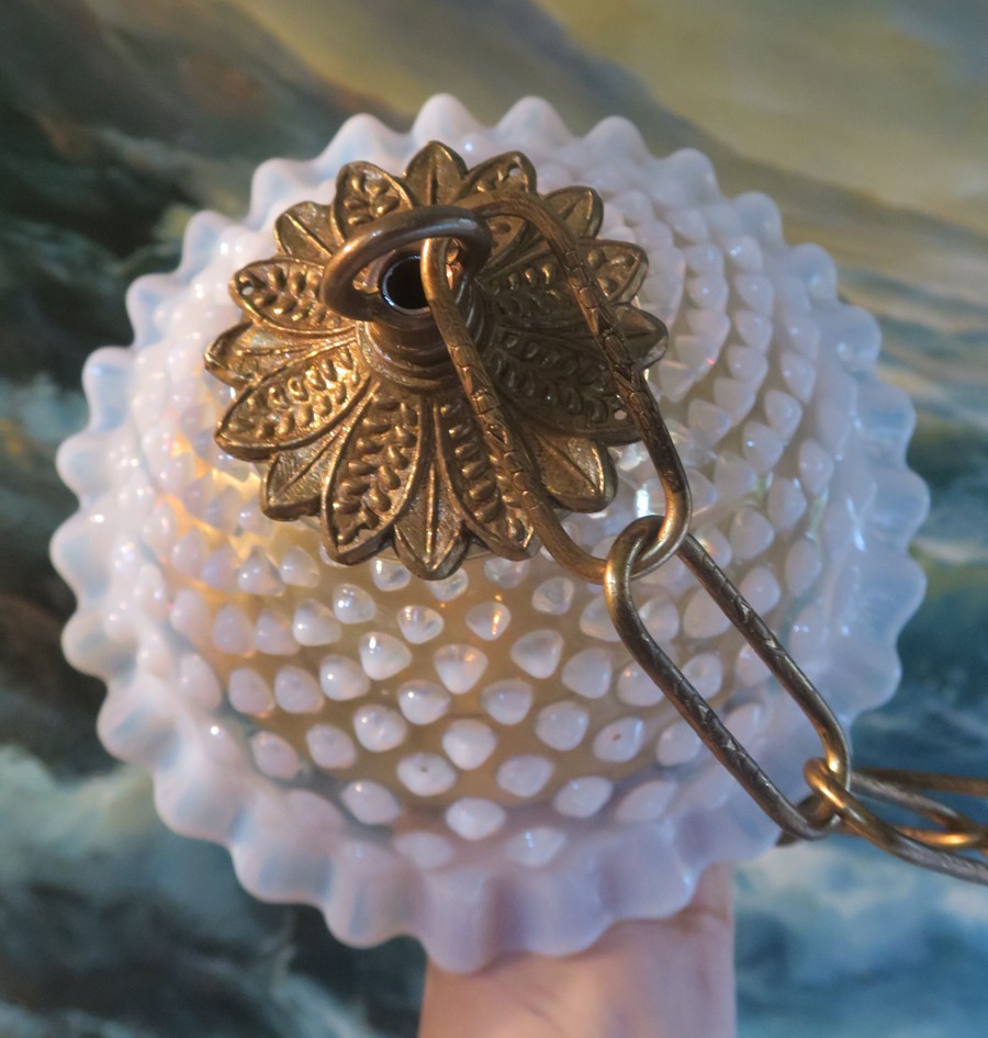 Vintage Fenton Canopy ceiling part brass hobnail Opaline GLASS lamp 6.5\ Vintage Fenton Canopy ceiling part brass hobnail Opaline GLASS lamp 6.5\