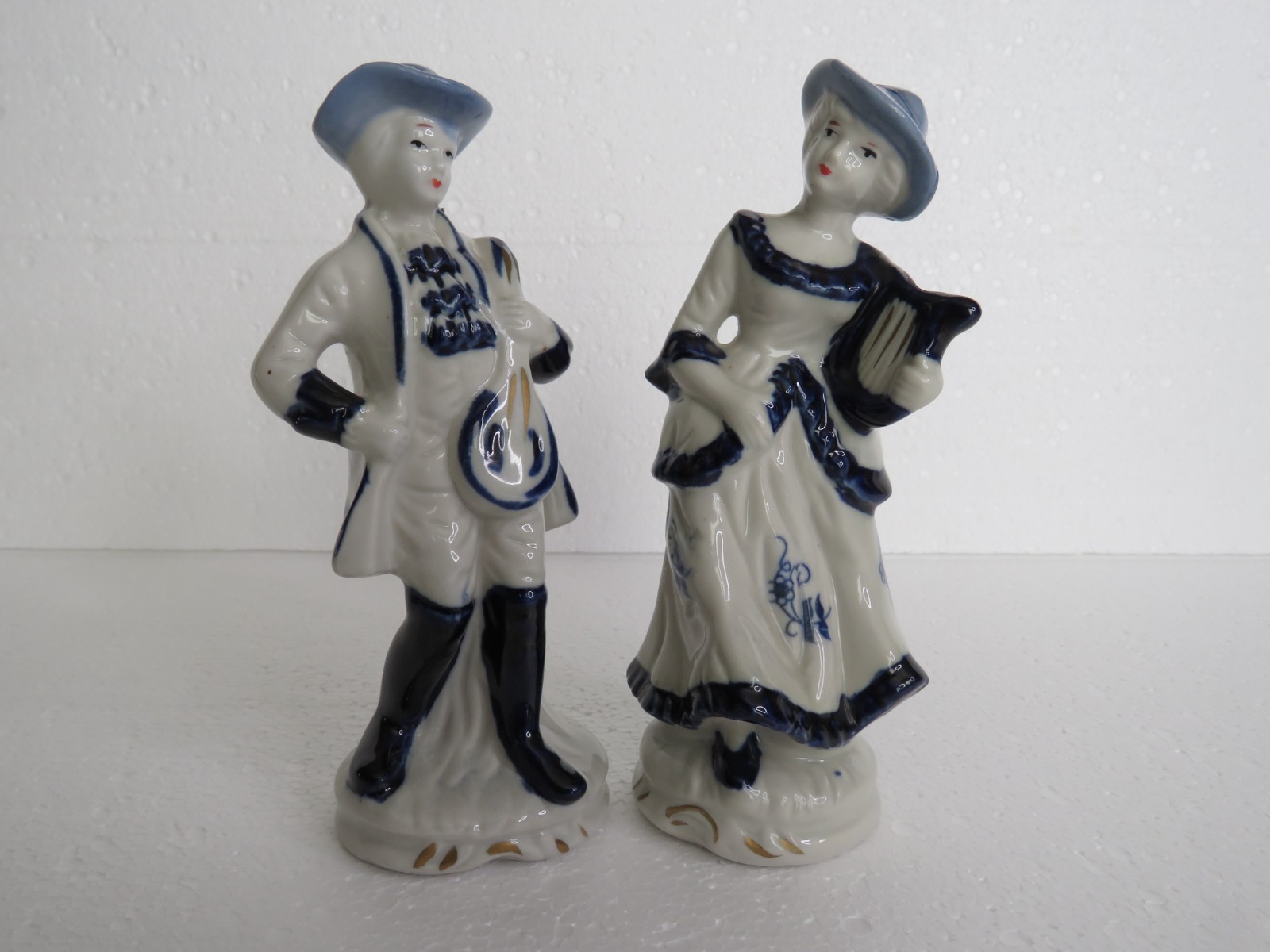 Vintage Cobalt Blue Porcelain Man And Woman Victorian Figurines Playing Music Vintage Cobalt Blue Porcelain Man And Woman Victorian Figurines Playing Music