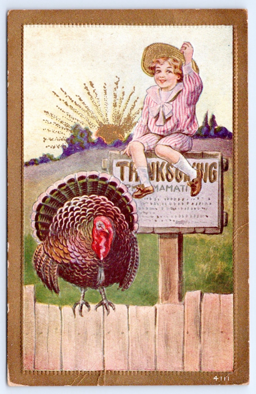 Thanksgiving Proclamation Boy Straw Hat Striped Suit Turkey Fence Postcard