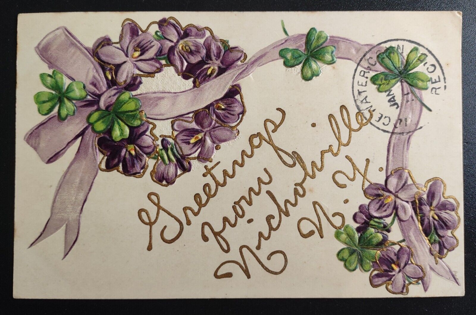 Postcard Floral Greetings Nicholville NY Glitter Embossed Purple Green 1908