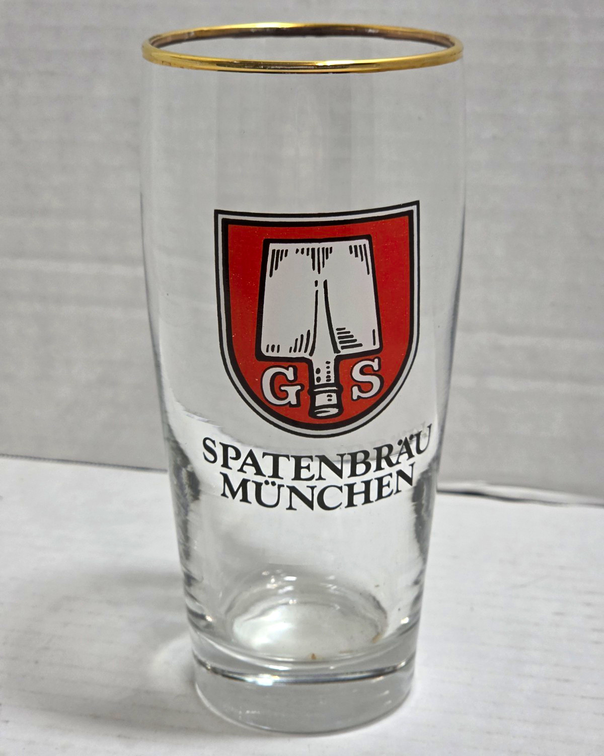 Spaten-Bräu München German Beer Glass GS Logo Gold Rim Breweriana Germany