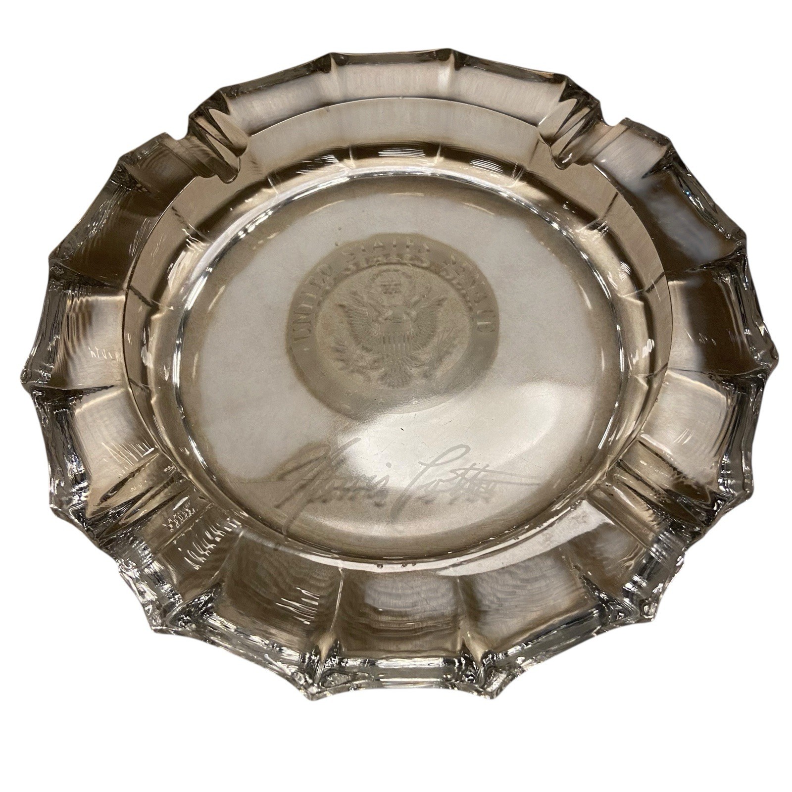 Vintage U.S. Senate Clear Glass Ashtray Norris Cotton Signed Seal Political 8”