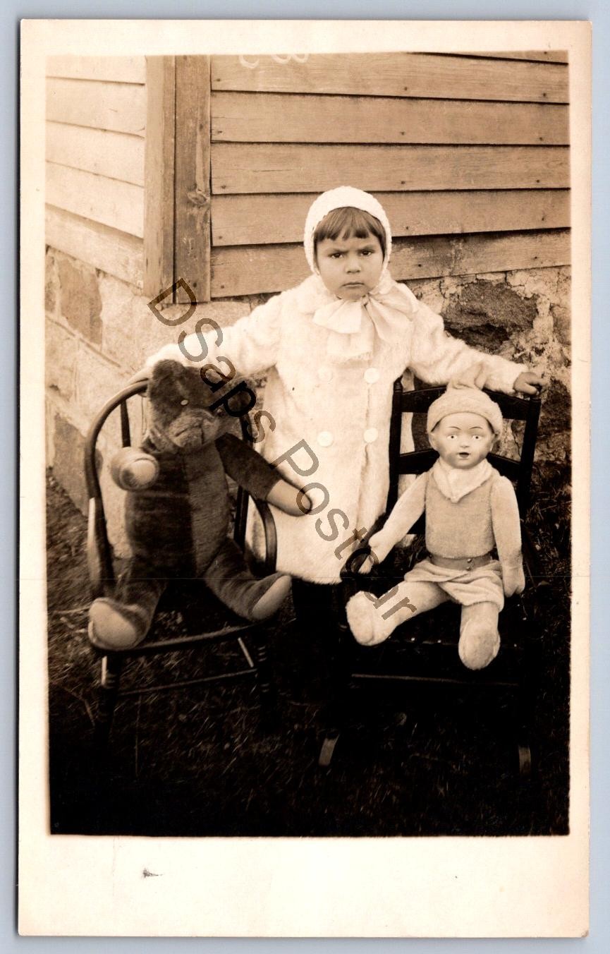 K57/ Interesting RPPC Postcard c1910 Large Teddy Bear Chair Cute Girl Doll 80