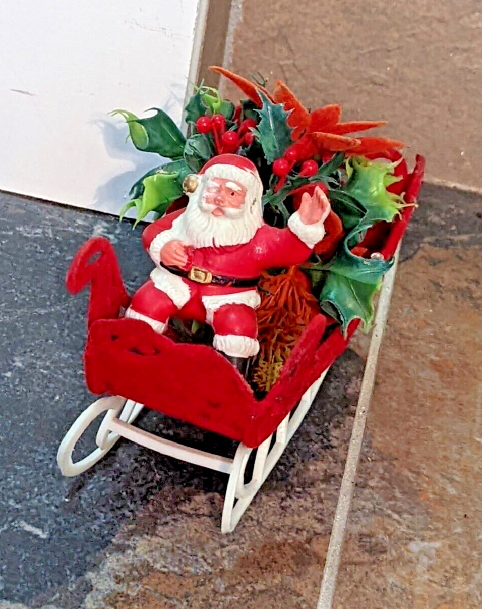 Santa In Velvet Flocked Sleigh Vintage Plastic Christmas Decor