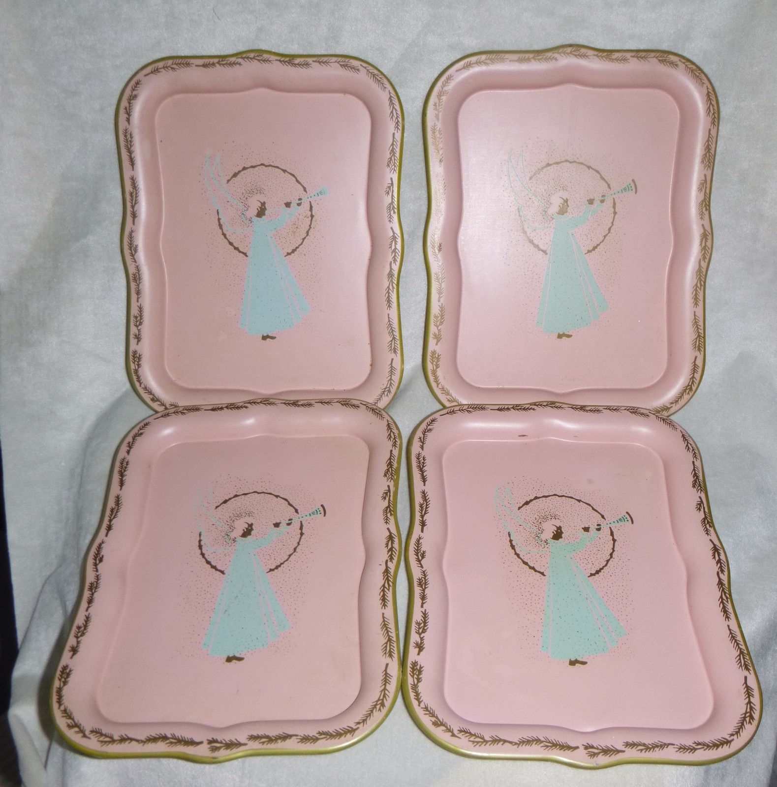 4 Pink Hand Painted Angel Vintage Metal Snack Trays Nashco Products Christmas 4 Pink Hand Painted Angel Vintage Metal Snack Trays Nashco Products Christmas
