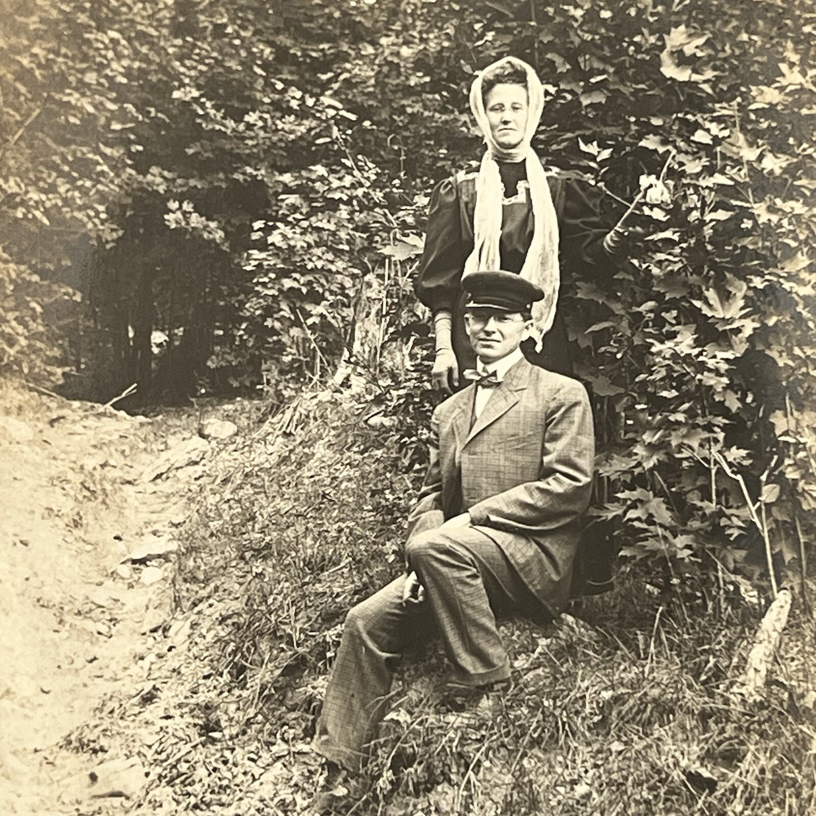 Antique RPPC Real Photograph Postcard Man & Woman Couple Outside Path Thru Brush