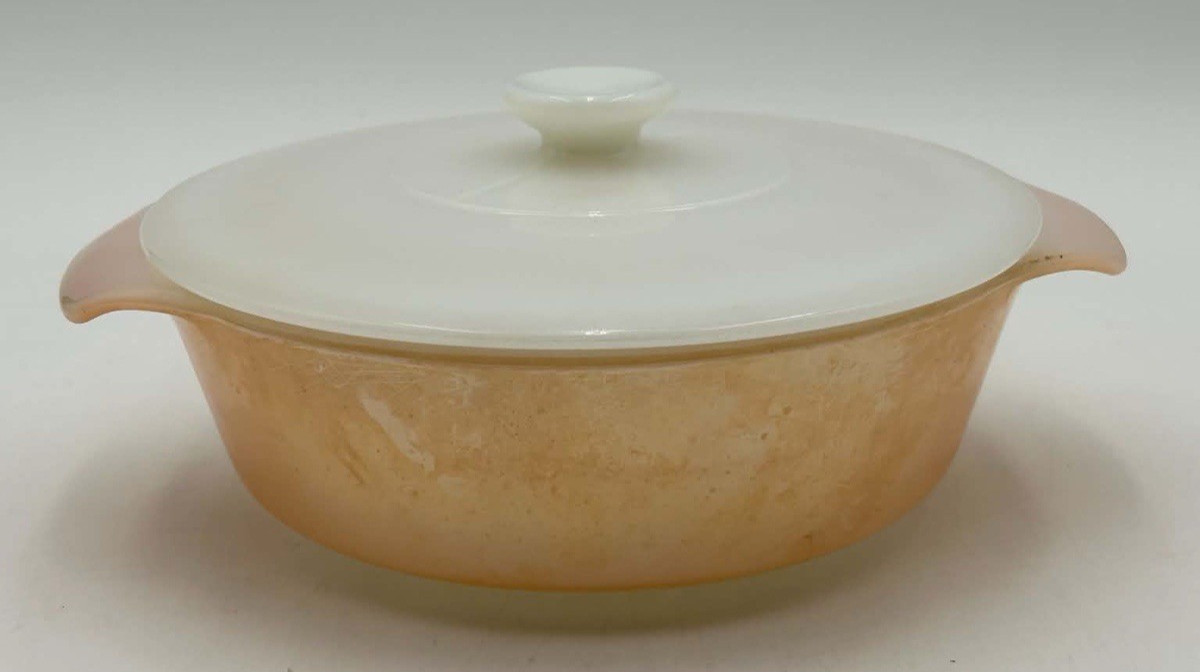 Vintage Anchor Hocking Fire King Peach Luster Casserole Dish & Milk Glass Lid
