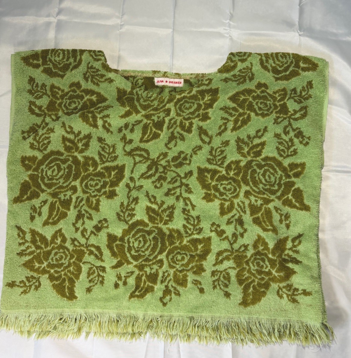 Junk Drawer Clothing Upcycled Vintage Callaway Towel Poncho Crop Top Fringe Gre