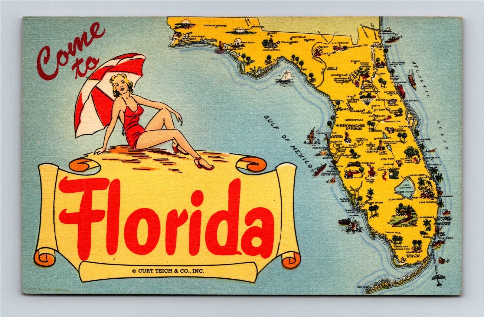 Postcard State Map Greetings From Florida Cities Attractions Bathing Beauty AM3