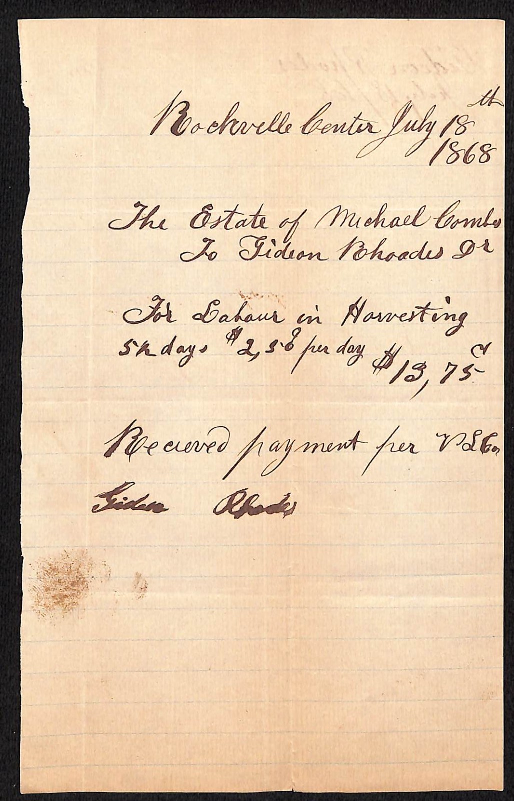 1868 Rockville Centre Harvesting $2.5 a Day Labor Receipt - Michael Combs Estate