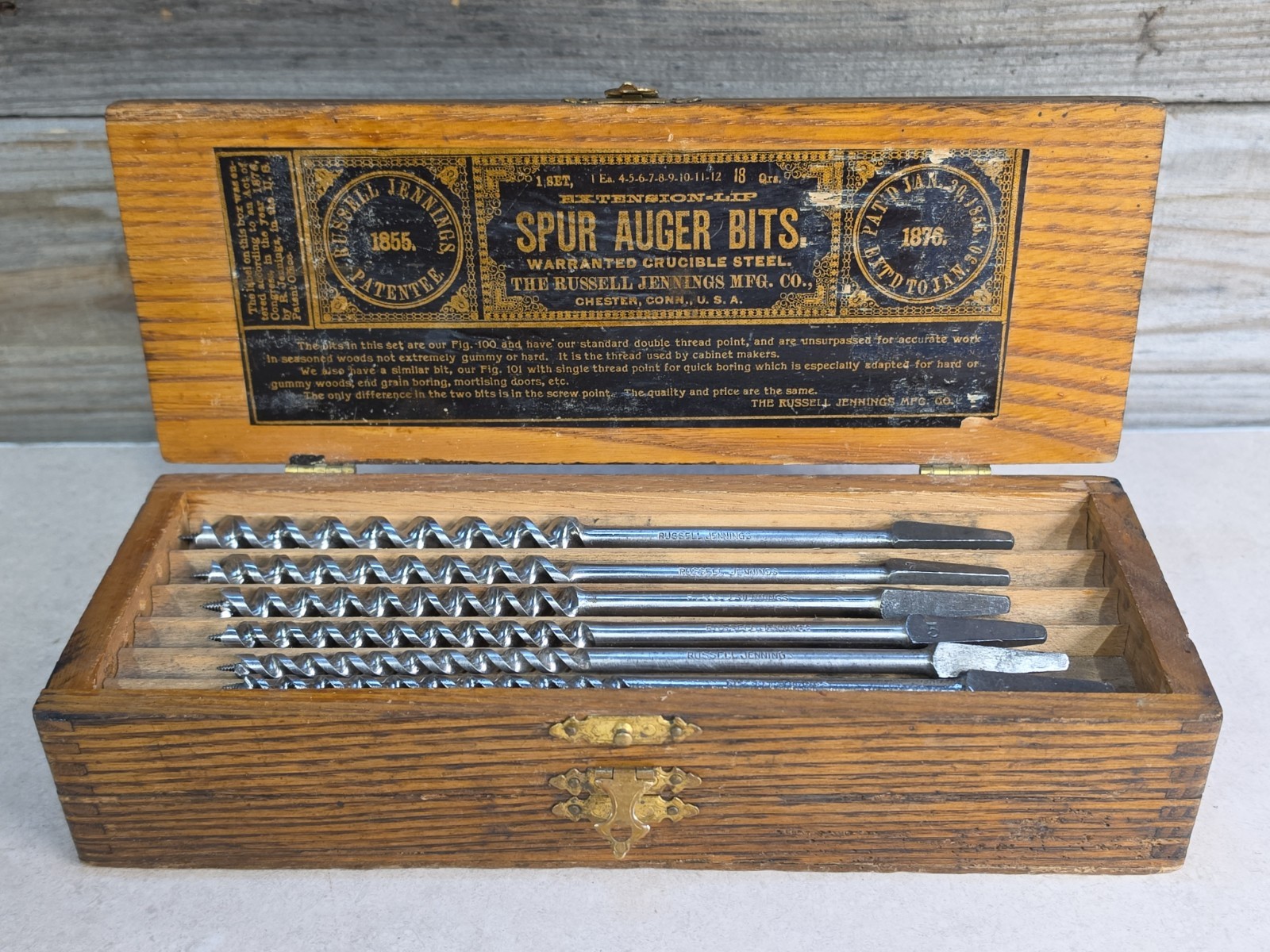 Vintage Russell Jennings Spur Auger Bit Set With Two Tier Wooden Box