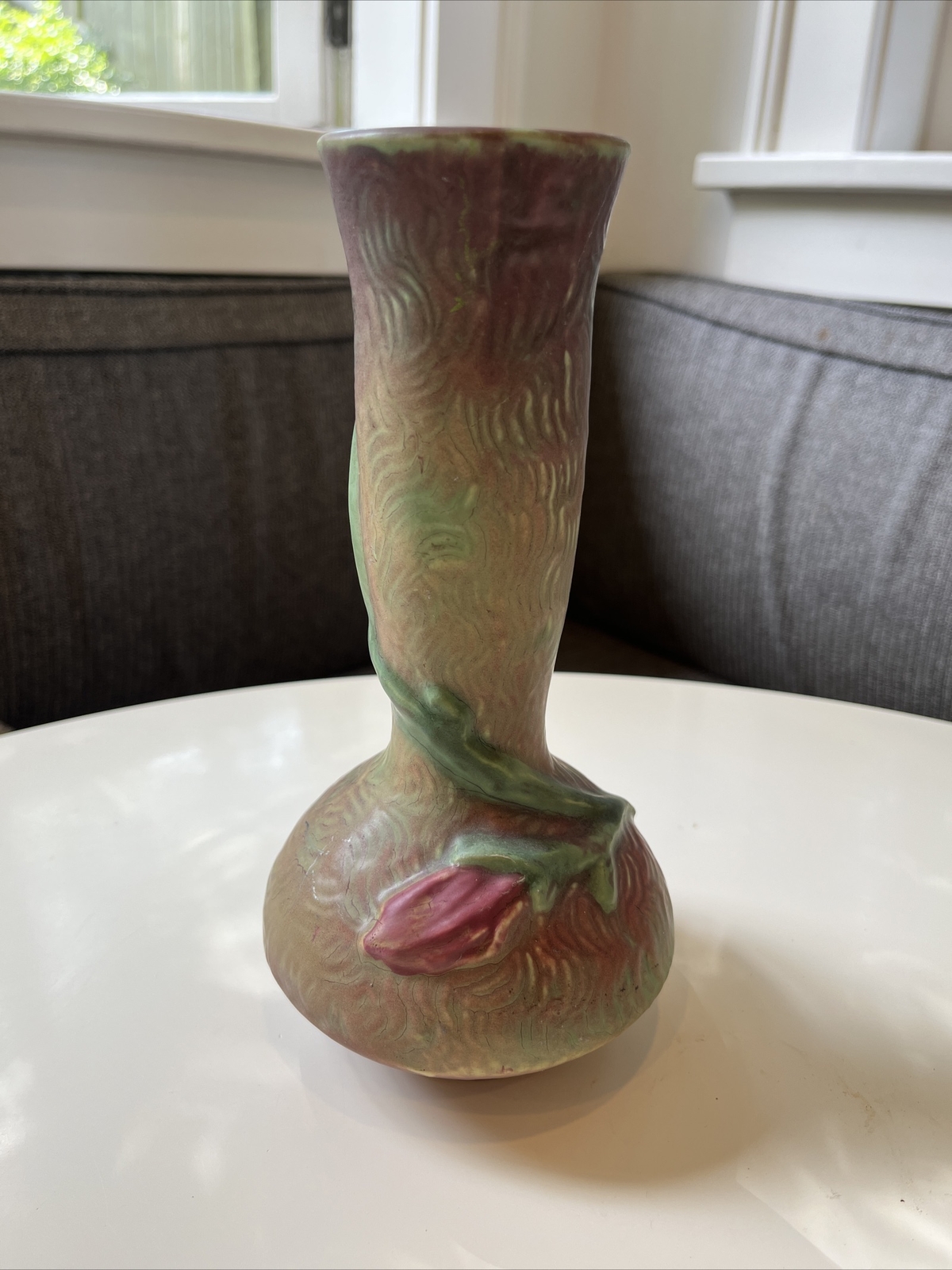 Weller Malverne Pottery Vase 8” Vintage Flowers Purple And Green Arts And Crafts