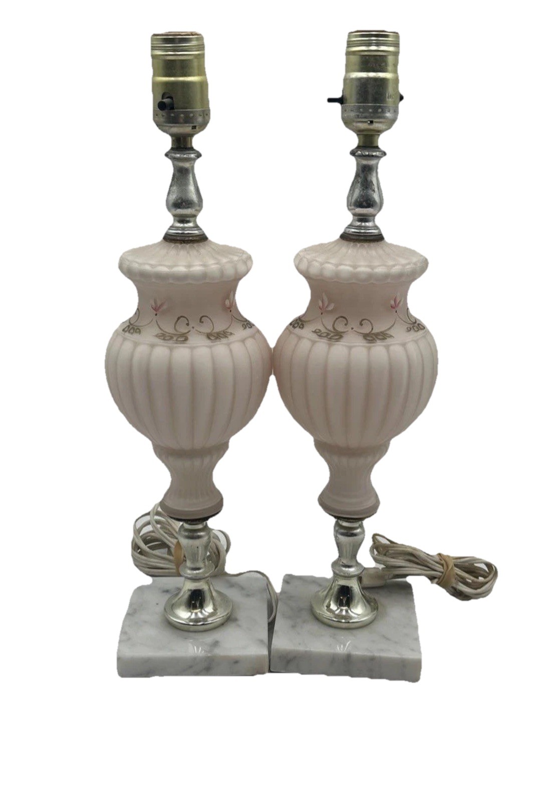 Vintage Pink Satin French Floral Glass Marble Boudoir Lamps 15” Tall