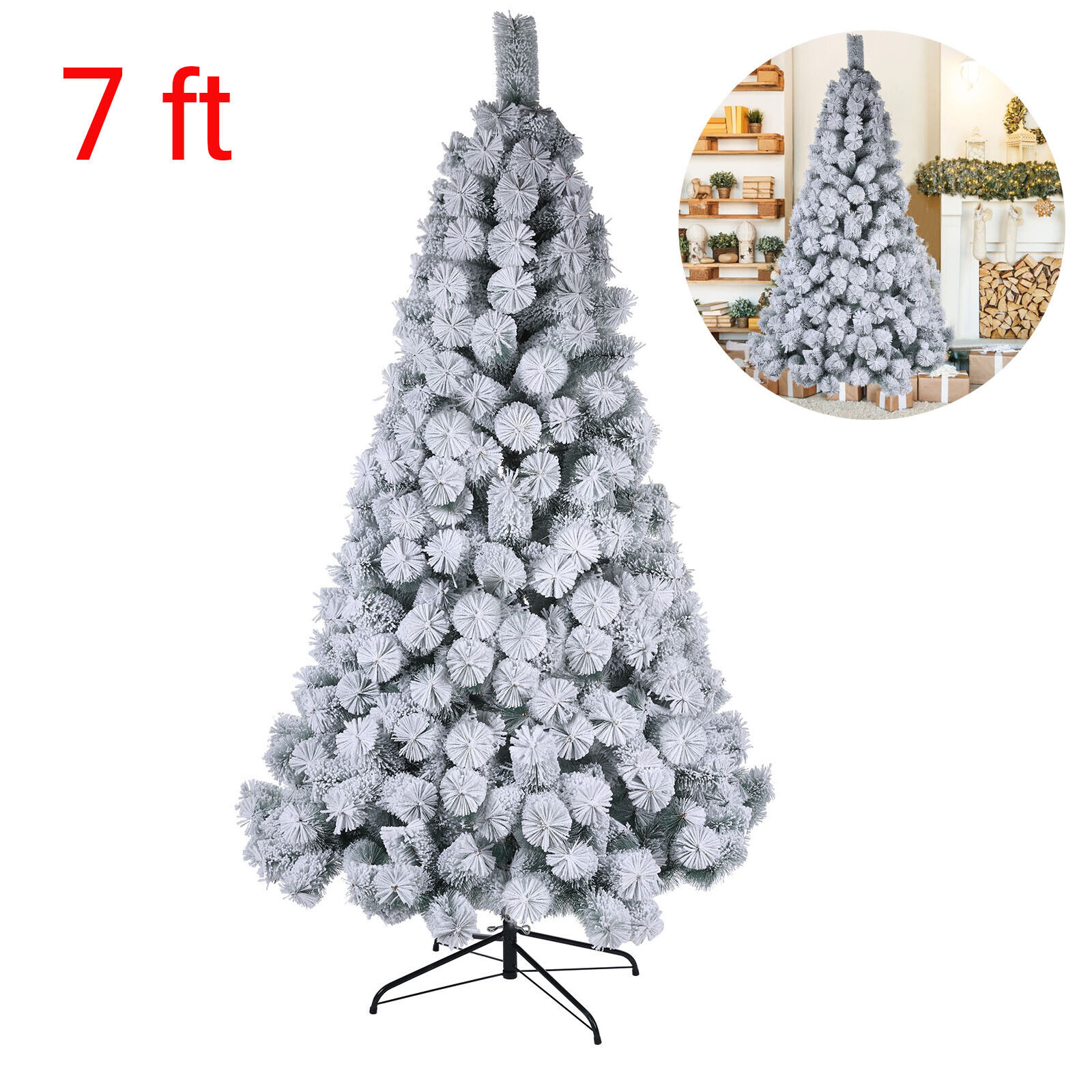 Snow Flocked Christmas Tree 7ft Artificial Holiday Decor with Metal Stand Xmas