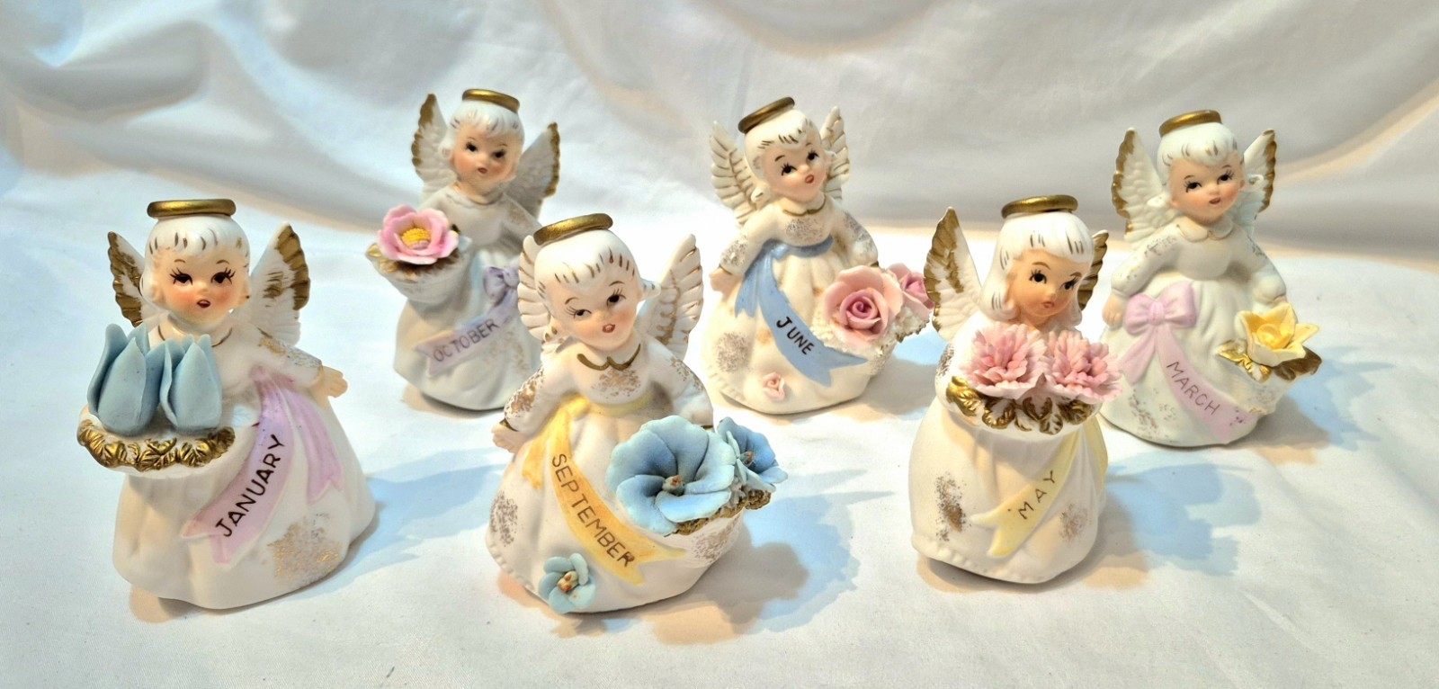 Lot of 6 Vintage 1960s Lefton Angel of Month Figurines Bisque Japan 4\ Lot of 6 Vintage 1960s Lefton Angel of Month Figurines Bisque Japan 4\
