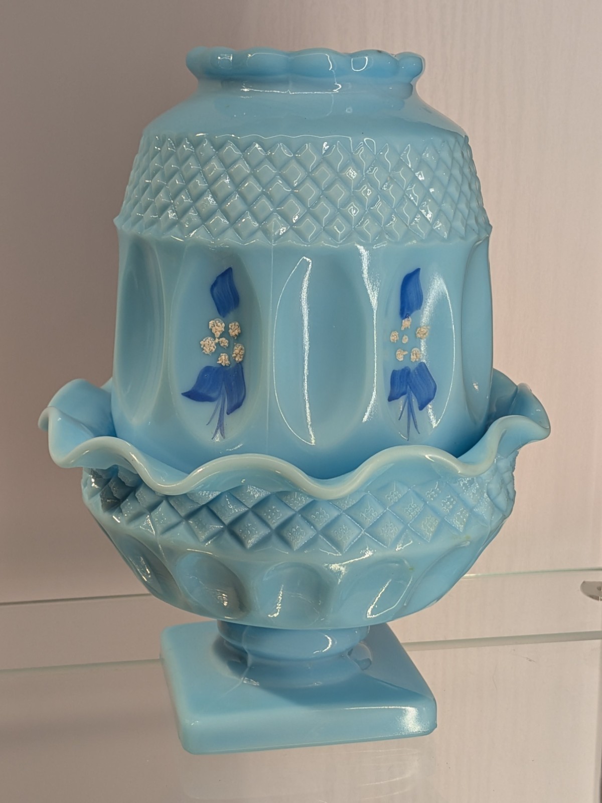 VTG Westmoreland Wakefield Blue Milk Glass Hand Painted Fairy Lamp