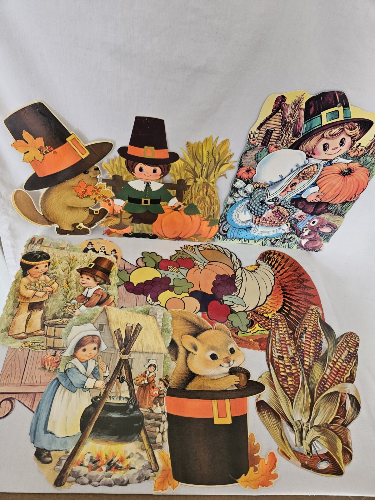 10 Vintage Thanksgiving Wall Decorations, Die-Cut Cardboard, Laminated