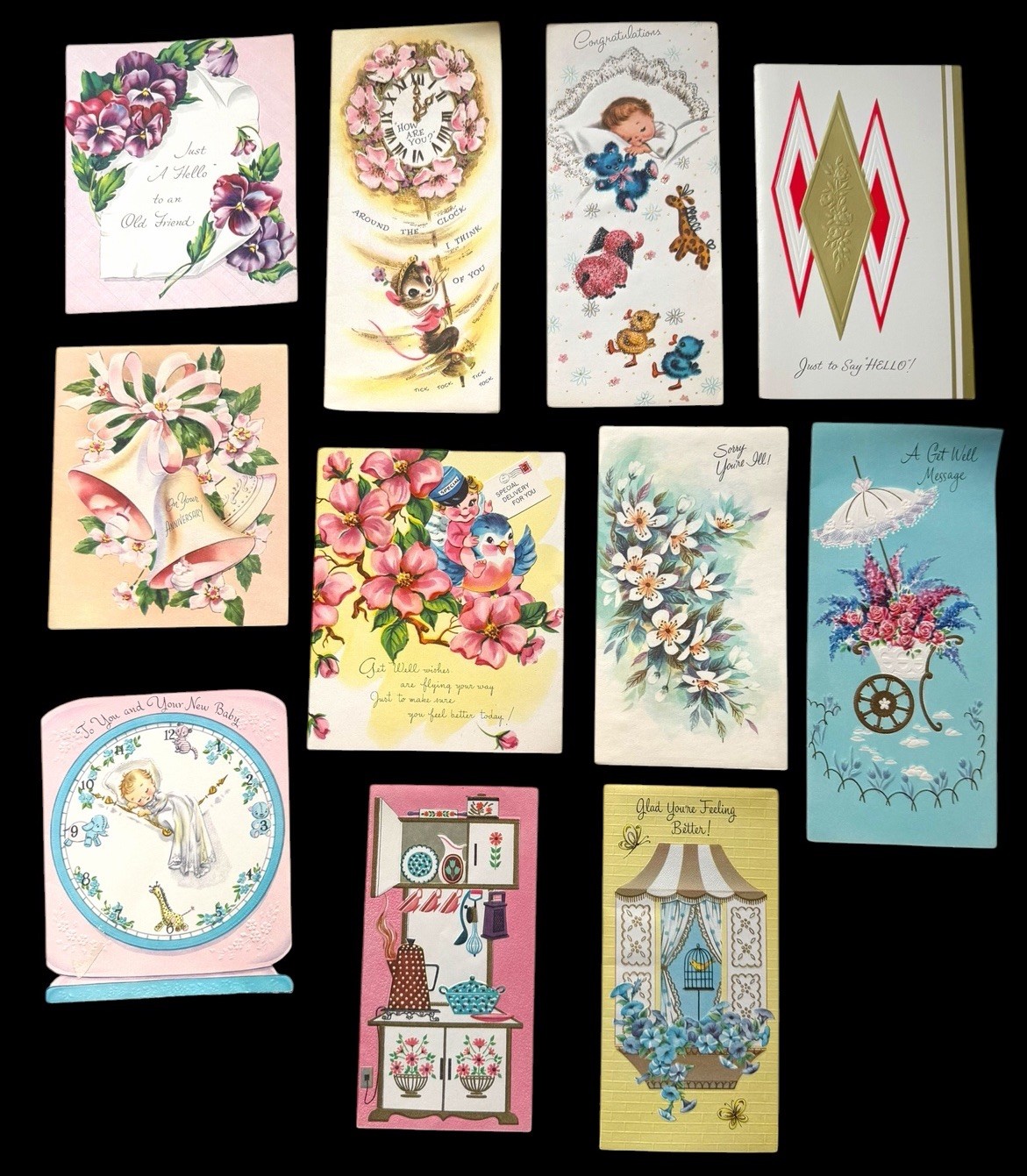UNUSED Vintage 1950s LOT (11) Greeting Cards Diecut Embossed Glitter Embellished