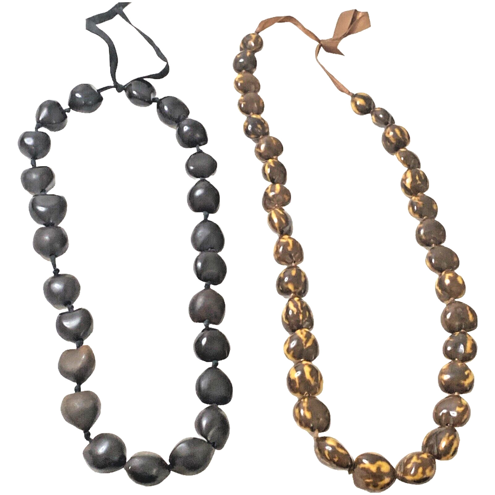 2 Vintage Hawaiian Lei Kukui Nut Brown/Black Necklace Long, Strung On Ribbon
