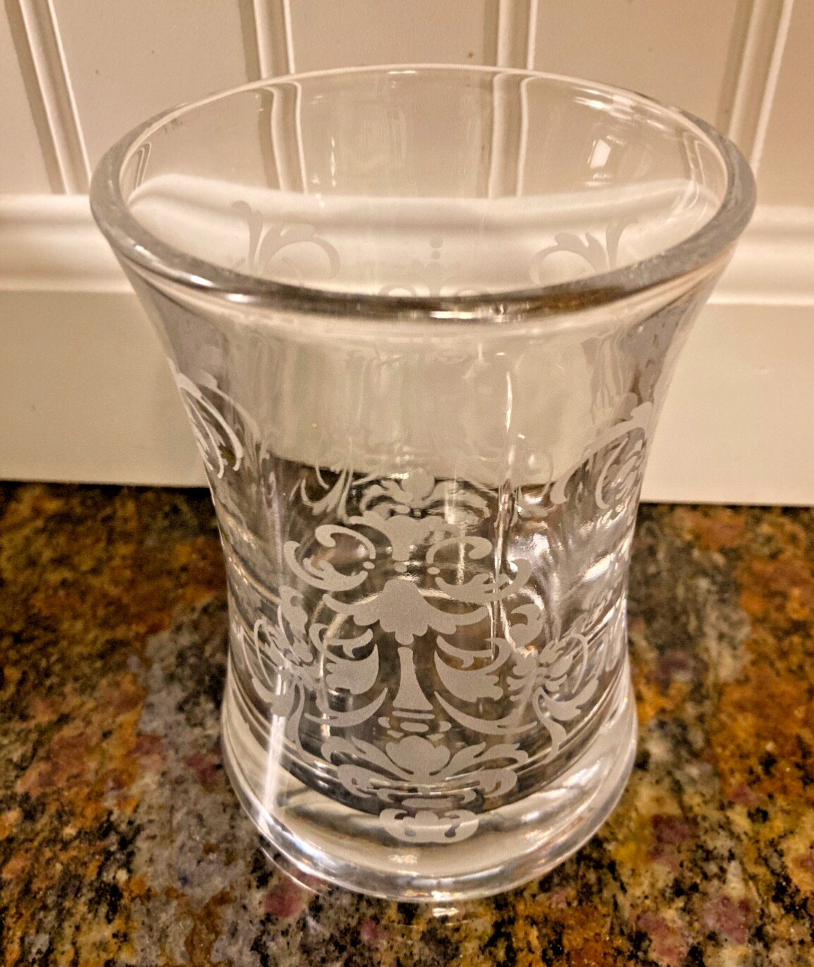 Vintage Heavy Etched Glass Spooner Vase Vintage Heavy Etched Glass Spooner Vase