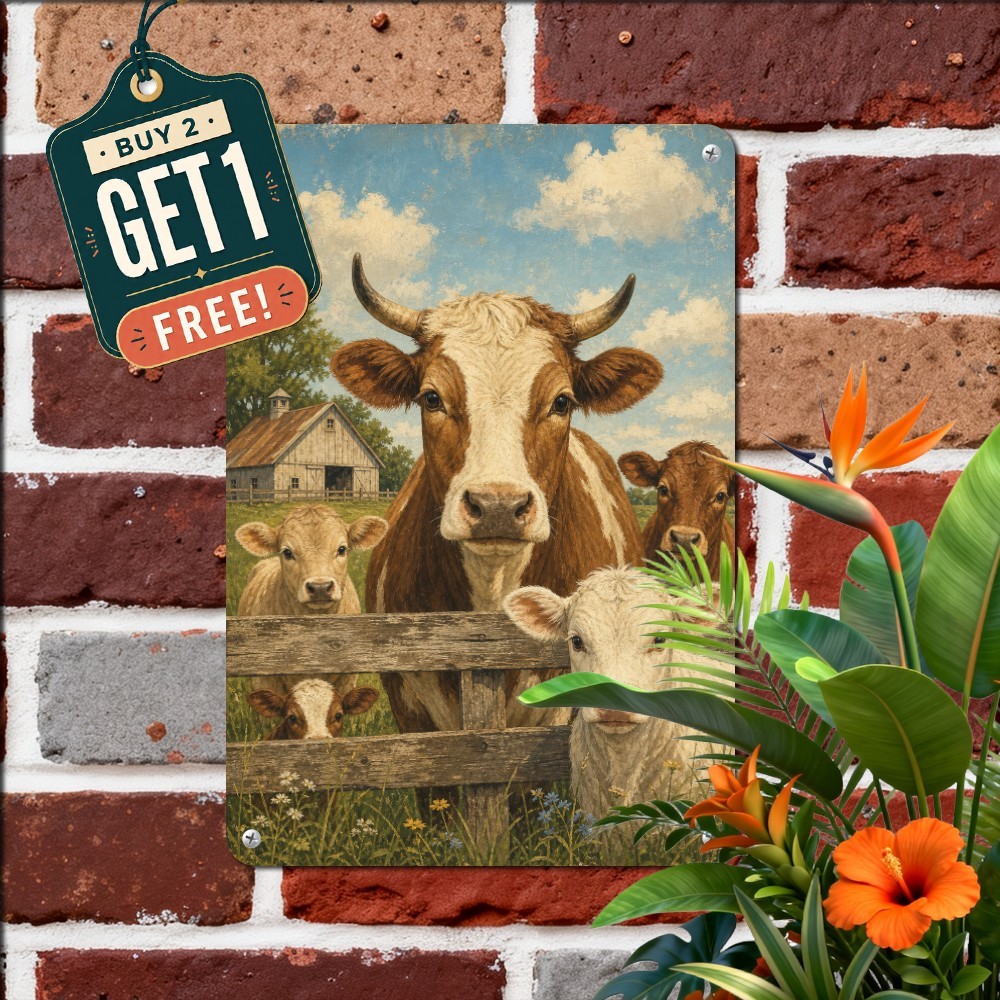 Curious Herd Cows Behind Fence Sign Blue Farm Countryside Metal Tin Plaque