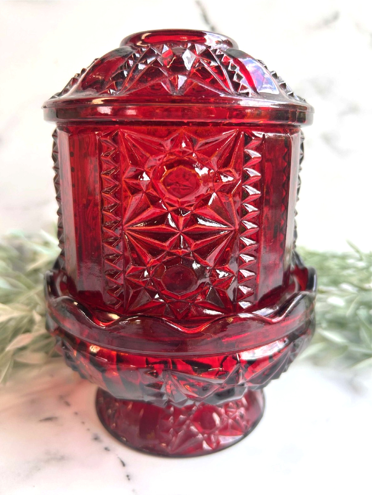 Vintage Indiana Glass Ruby Red Stars and Bars Fairy Lamp 2 pc Candle Holder chip