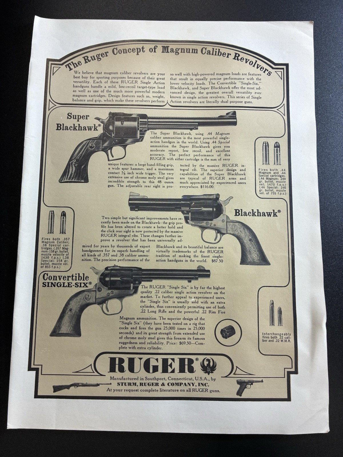 1963 Ruger Blackhawk Single Six Original Vintage Print Ad Magazine Page Hunting