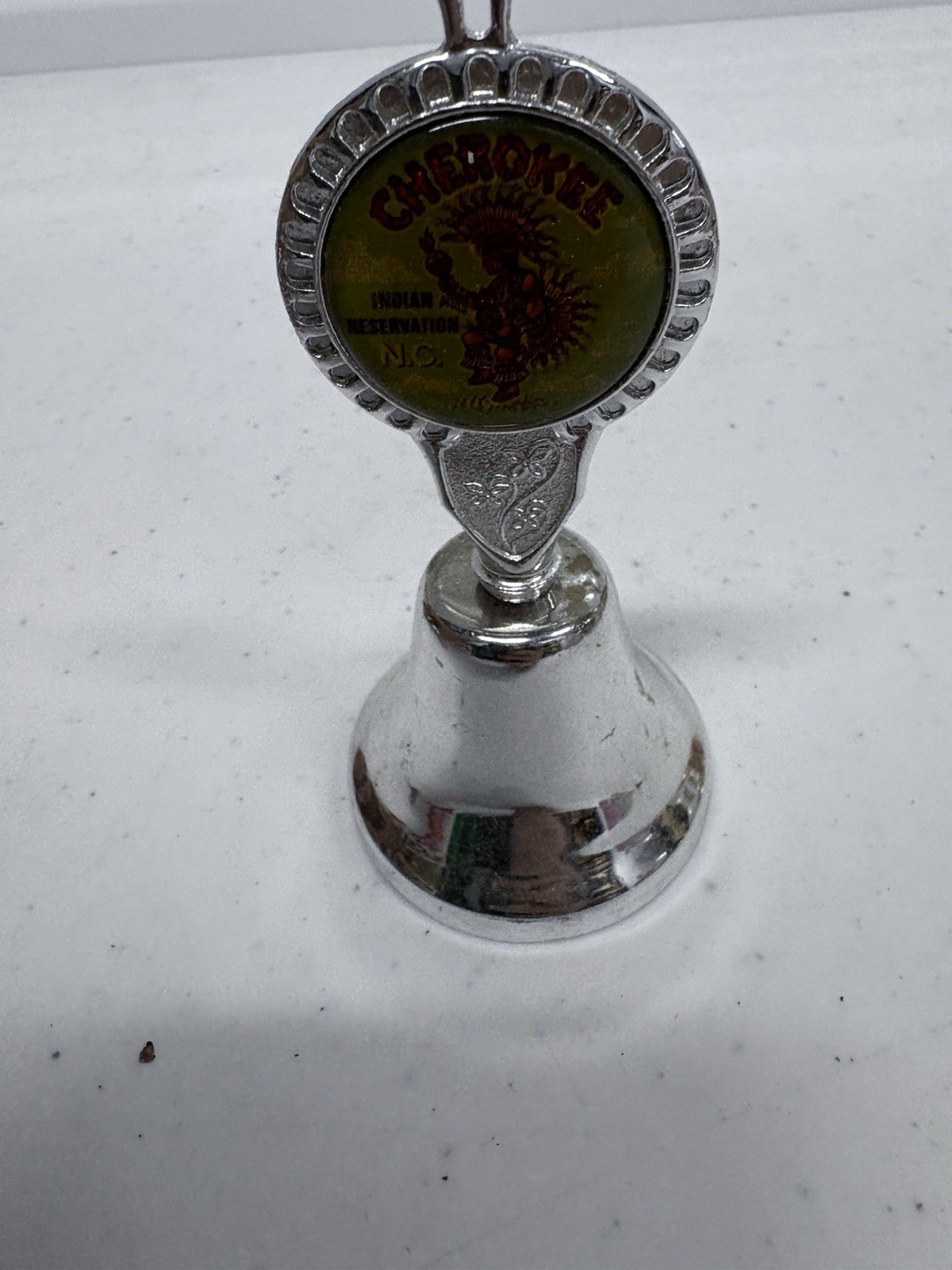 Vintage Cherokee Indian Reservation NC Souvenir Metal Hand Bell Chrome