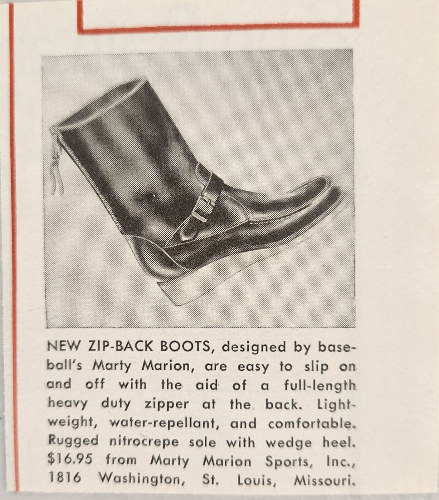 1955 Print Ad Zip Back Boots Marty Marion St Louis Cardinals St Louis,Missouri