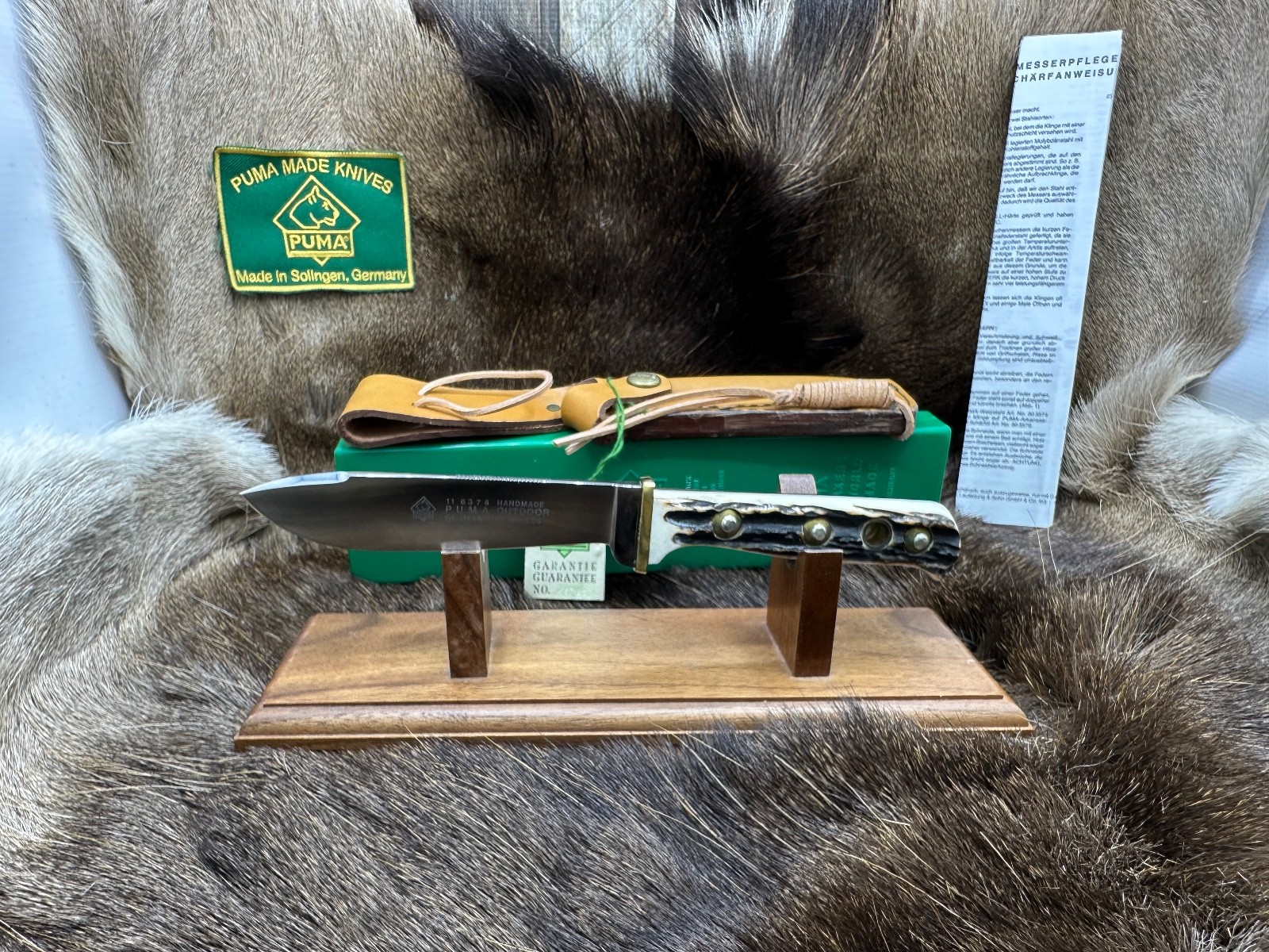1987 Puma 6378 Outdoor Knife With Stag Handles & Sheath Mint In G/Y Box + Tag