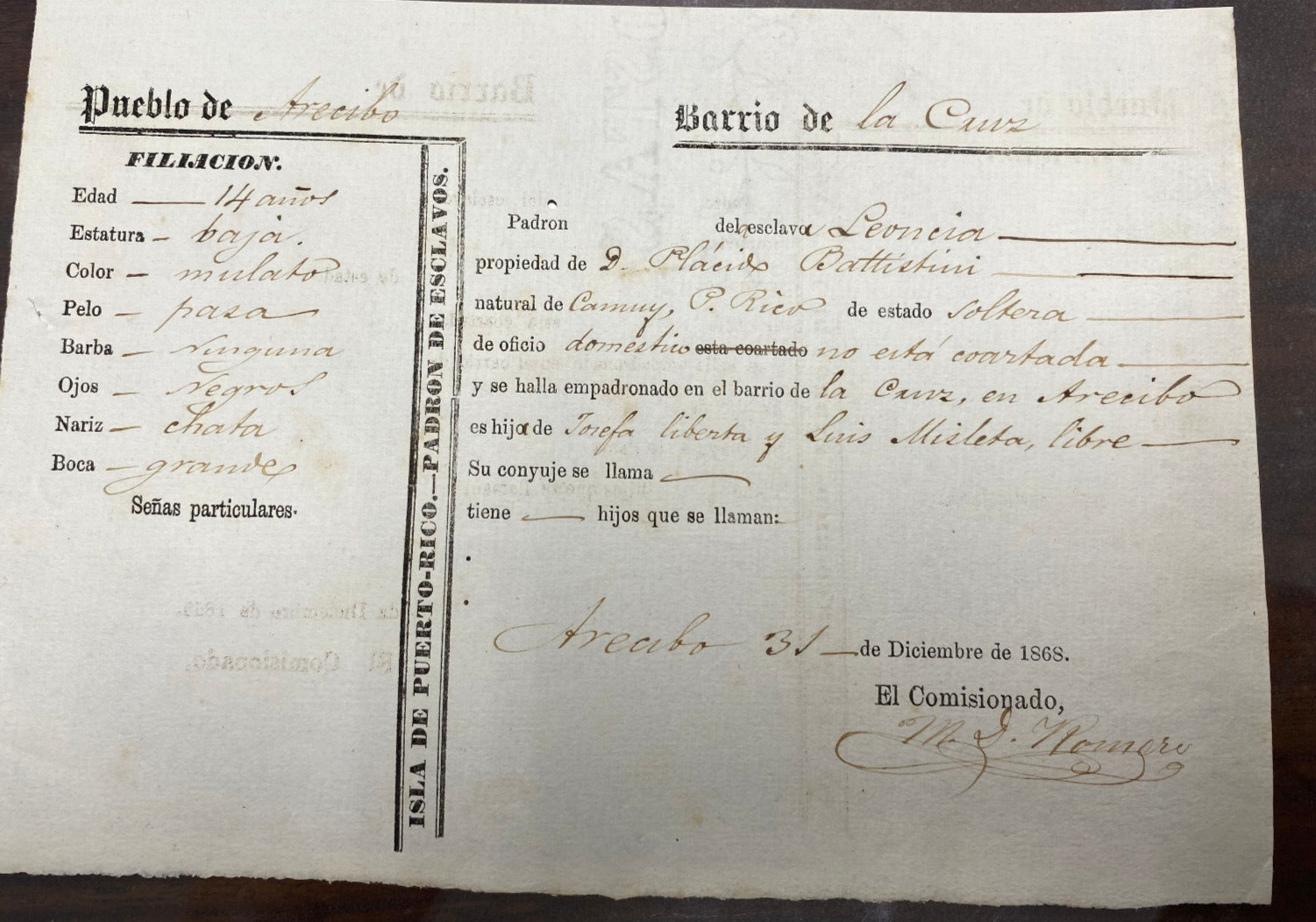 Puerto Rico, 1871, Padron De Esclavo, Arecibo- Barrio La Cruz,  Niña, 14 años