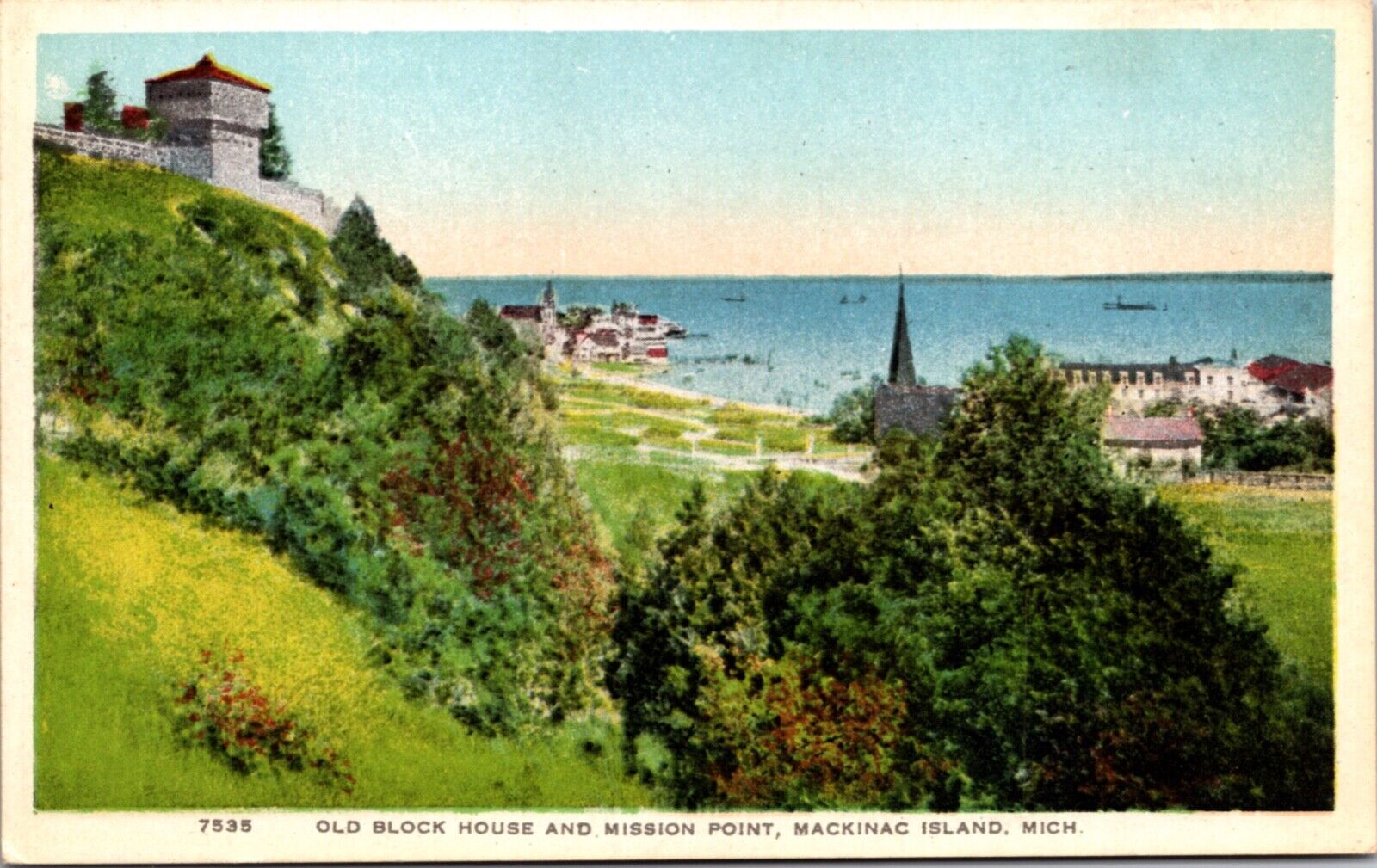 Postcard Old Block House and Mission Point in Mackinac Island, Michigan