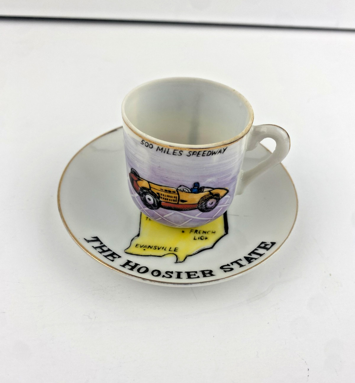 Vintage Collector\'s Teacup & Saucer, Indiana Hoosier State Souvenir, Indy 500