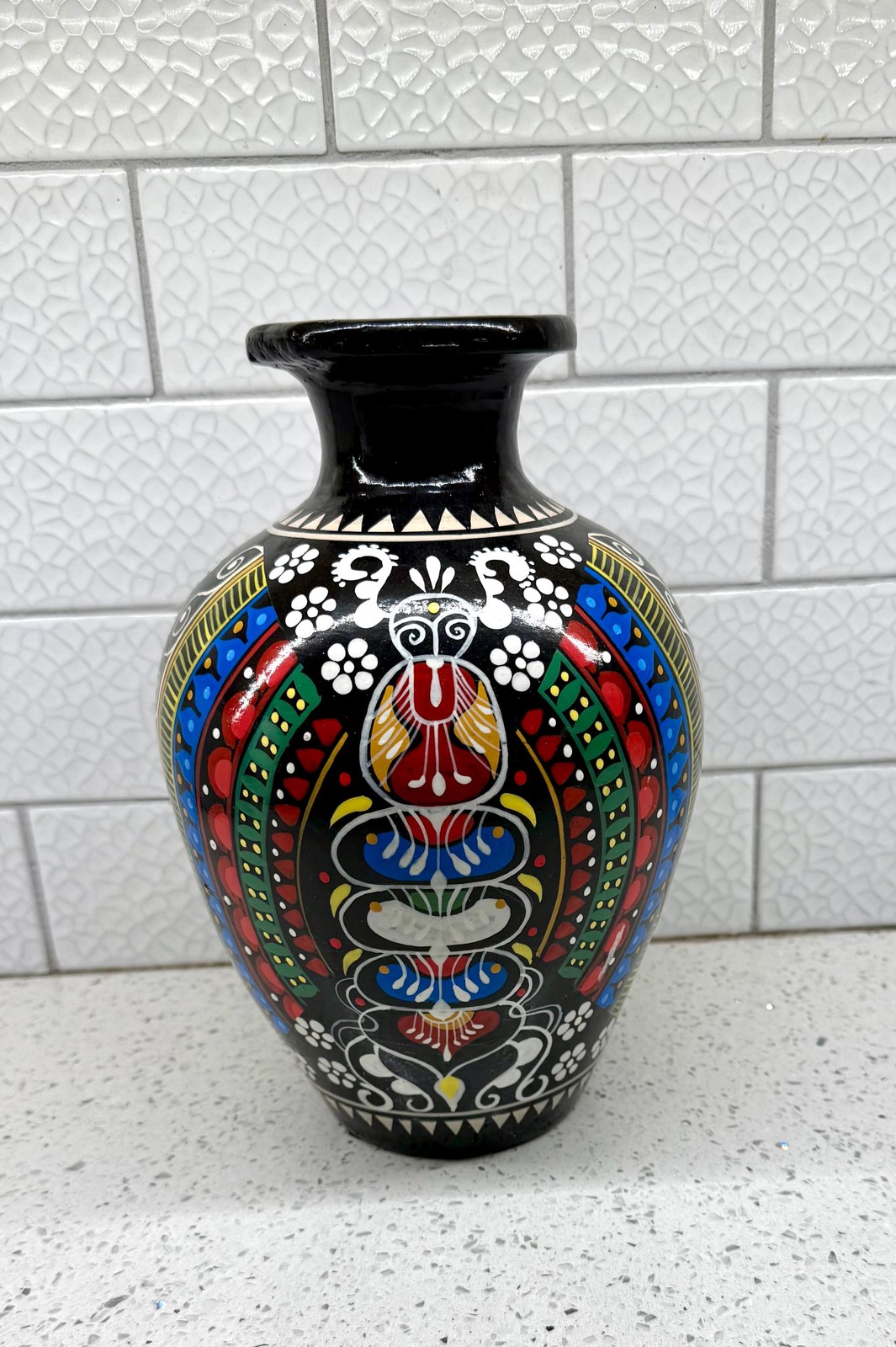 Vintage Hand-Painted Mexican Folk Art Ceramic Vase with Floral Motifs Vintage Hand-Painted Mexican Folk Art Ceramic Vase with Floral Motifs