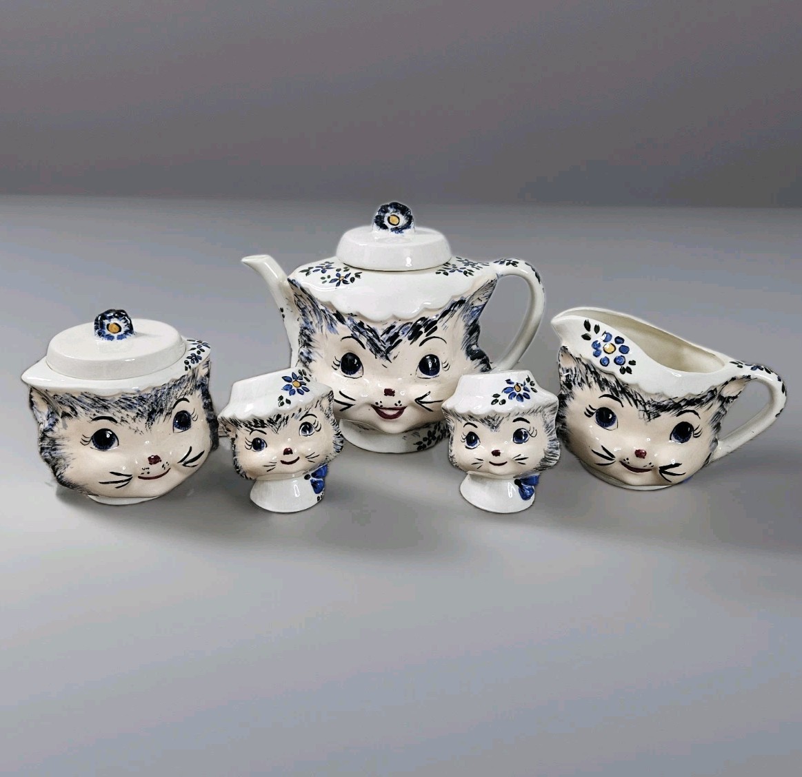 Vtg Miss Priss Cat 7pc Set Teapot Sugar Bowl Creamer Anthropomorphic Signed