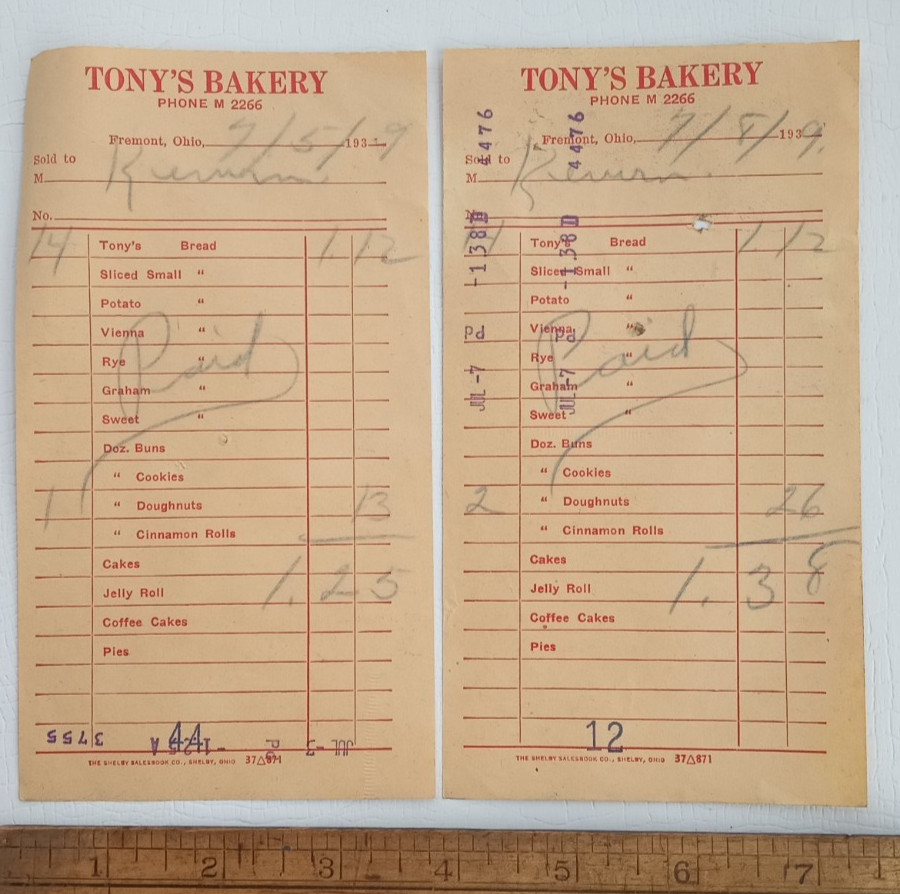 2 FREMONT OHIO 1939 RECEIPTS TONY\'S BAKERY BREAD JELLY ROLL COFFEE CAKES PIES